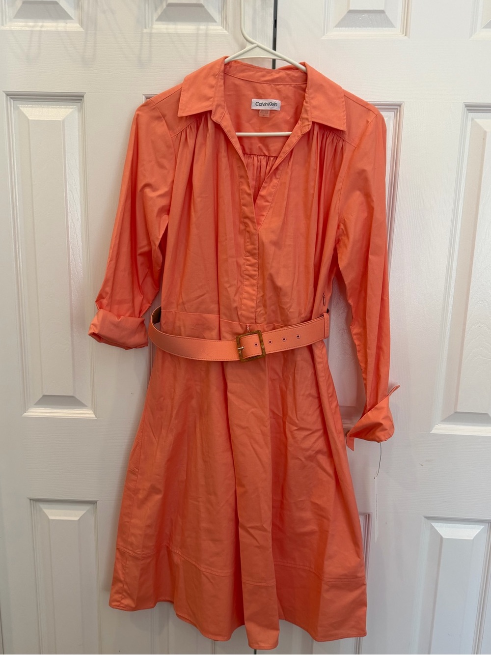 Calvin Klein Coral-Orange Shirt Dress with Belt